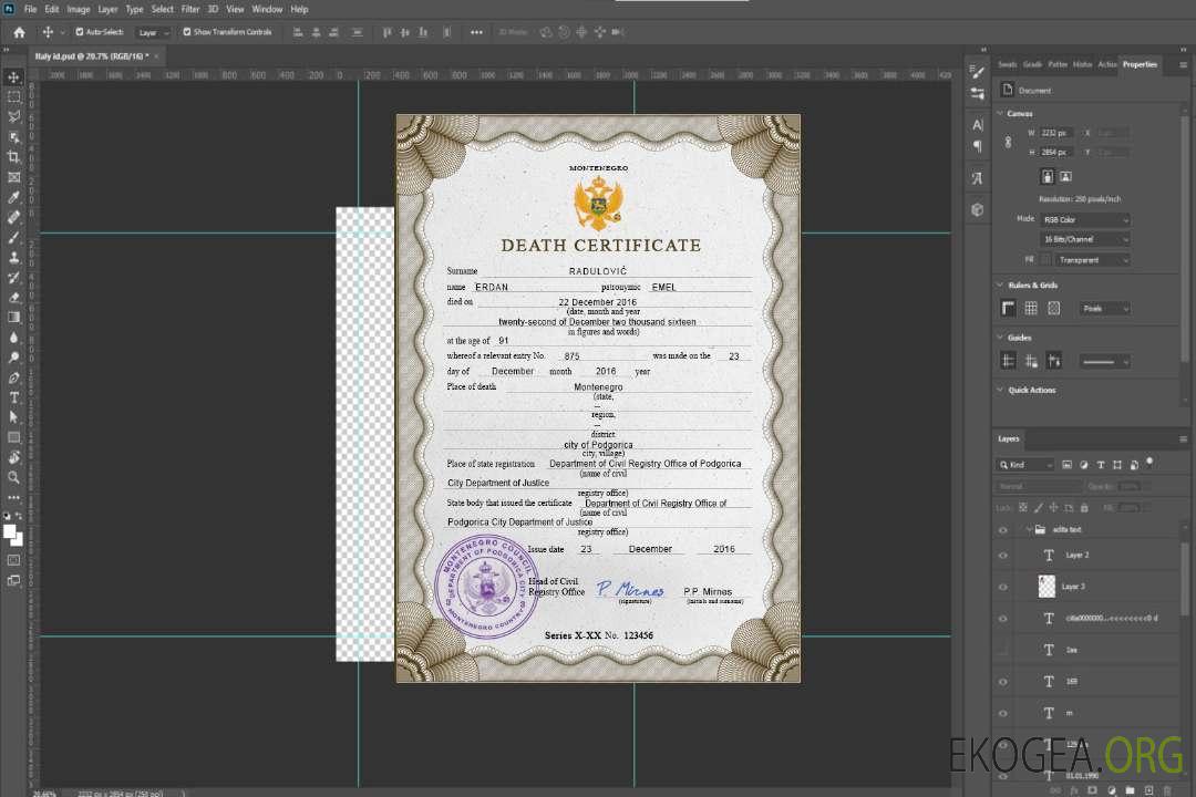 Modèle PSD de certificat de décès de l'état civil du Monténégro template